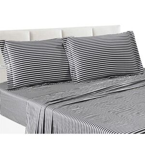 Bergan Blue White Striped 100% Cotton King Sheet Set Pillowcase Nautical Coastal